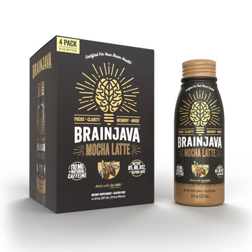 Brainjava Oat Milk Mocha Latte Ready To Drink Coffee, 4 Pack, Fair Trade Arabica Coffee, 110Mg Caffeine, L-Theanine, Potassium, B Vitamins, For Focus, Clarity, Gluten Free, Vegan, 8 Fl Oz Bottles