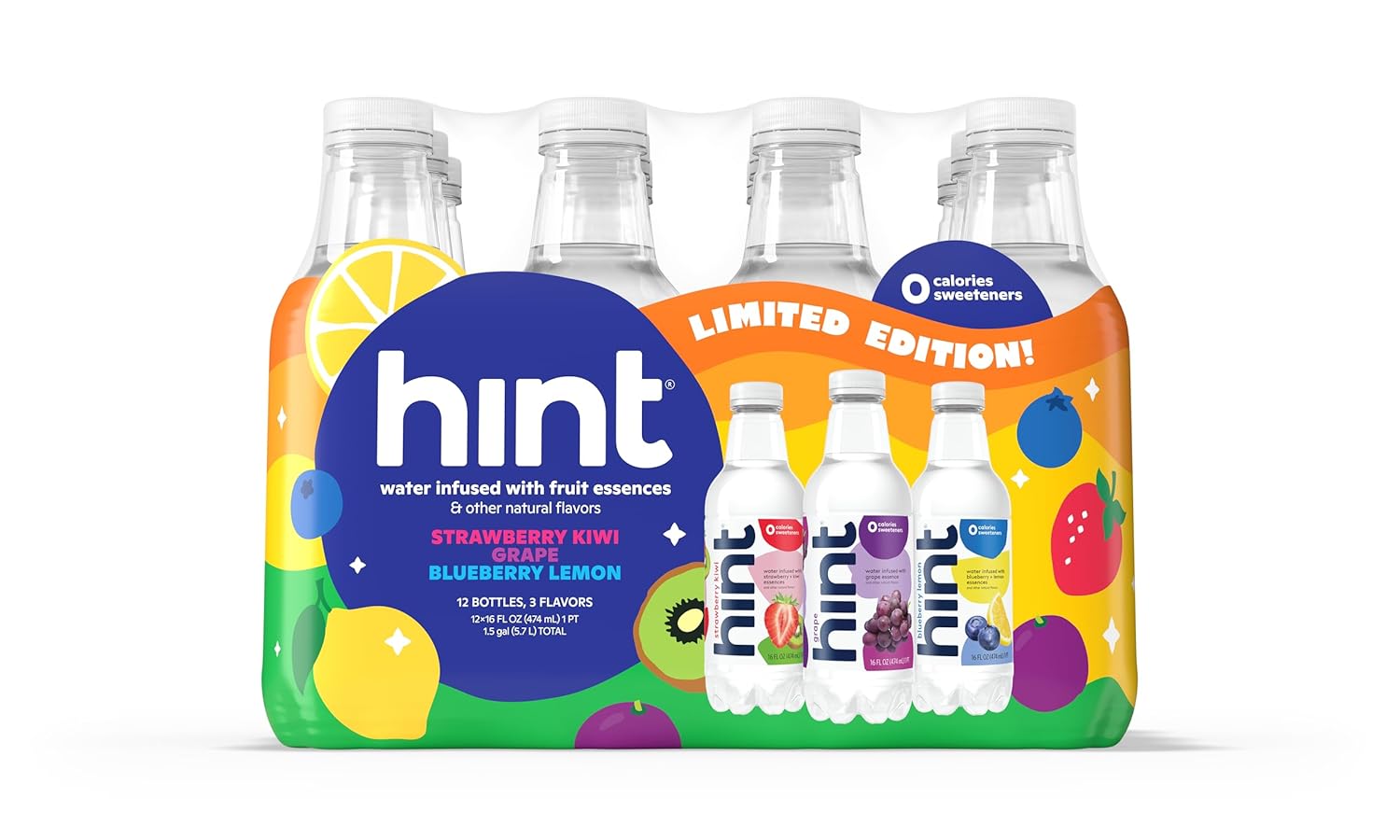 Hint Water Limited Edition Variety Pack, 4 Bottles Each Of: Strawberry Kiwi, Grape, And Blueberry Lemon, Zero Calories, Zero Sugar, Zero Sweeteners, 16 Fl Oz (Pack Of 12)