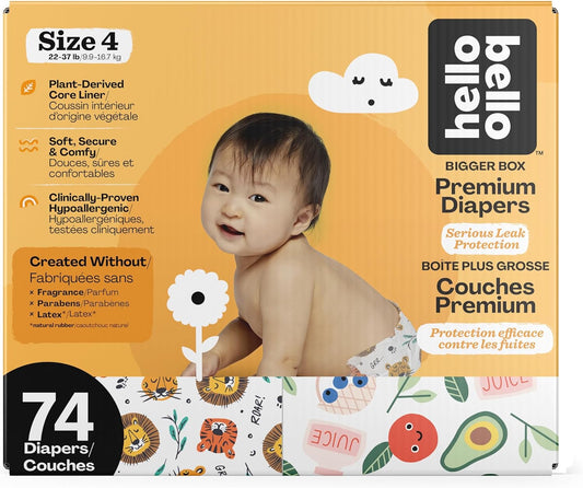 Hello Bello Diapers, Size 4 (22-37 Lbs) - 74 Count Of Premium Disposable Baby Diapers In Wildcats & Snacktime Designs - Hypoallergenic With Soft, Cloth-Like Feel