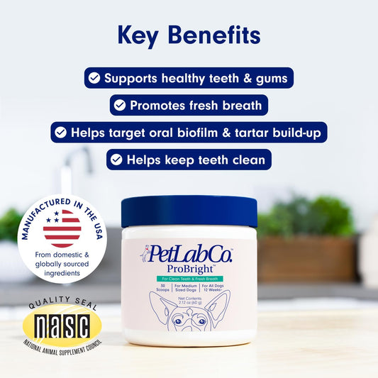 Petlab Co. Probright Dental Powder - Dog Breath Freshener - Teeth Cleaning Made Easy – Targets Tartar & Bad Breath - Formulated For Medium Size Dogs