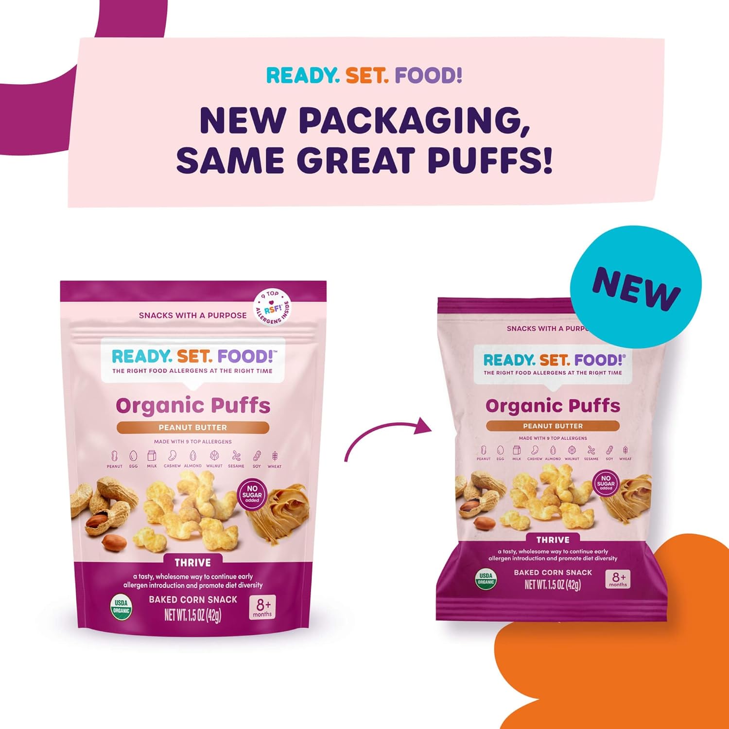 Organic Puffs - Early Allergen Introduction Snack Puffs W/ 9 Top Allergens: Organic Peanuts, Cashew, Egg & More By Ready Set Food, No Added Sugar, Babies 8+ Months, Peanut Butter 3-Pack