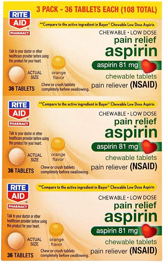 Rite Aid Low Dose 81 Mg Aspirin, Chewable Tablets, Orange Flavor, 3 Bottles, 36 Count Each (108 Count Total) Pain Reliever | Chewable Aspirin Regimen | Headache Relief Pills | Aspirin 81Mg For Adults