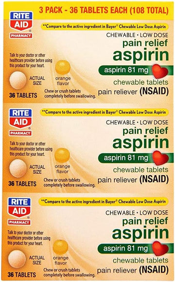 Rite Aid Low Dose 81 Mg Aspirin, Chewable Tablets, Orange Flavor, 3 Bottles, 36 Count Each (108 Count Total) Pain Reliever | Chewable Aspirin Regimen | Headache Relief Pills | Aspirin 81Mg For Adults