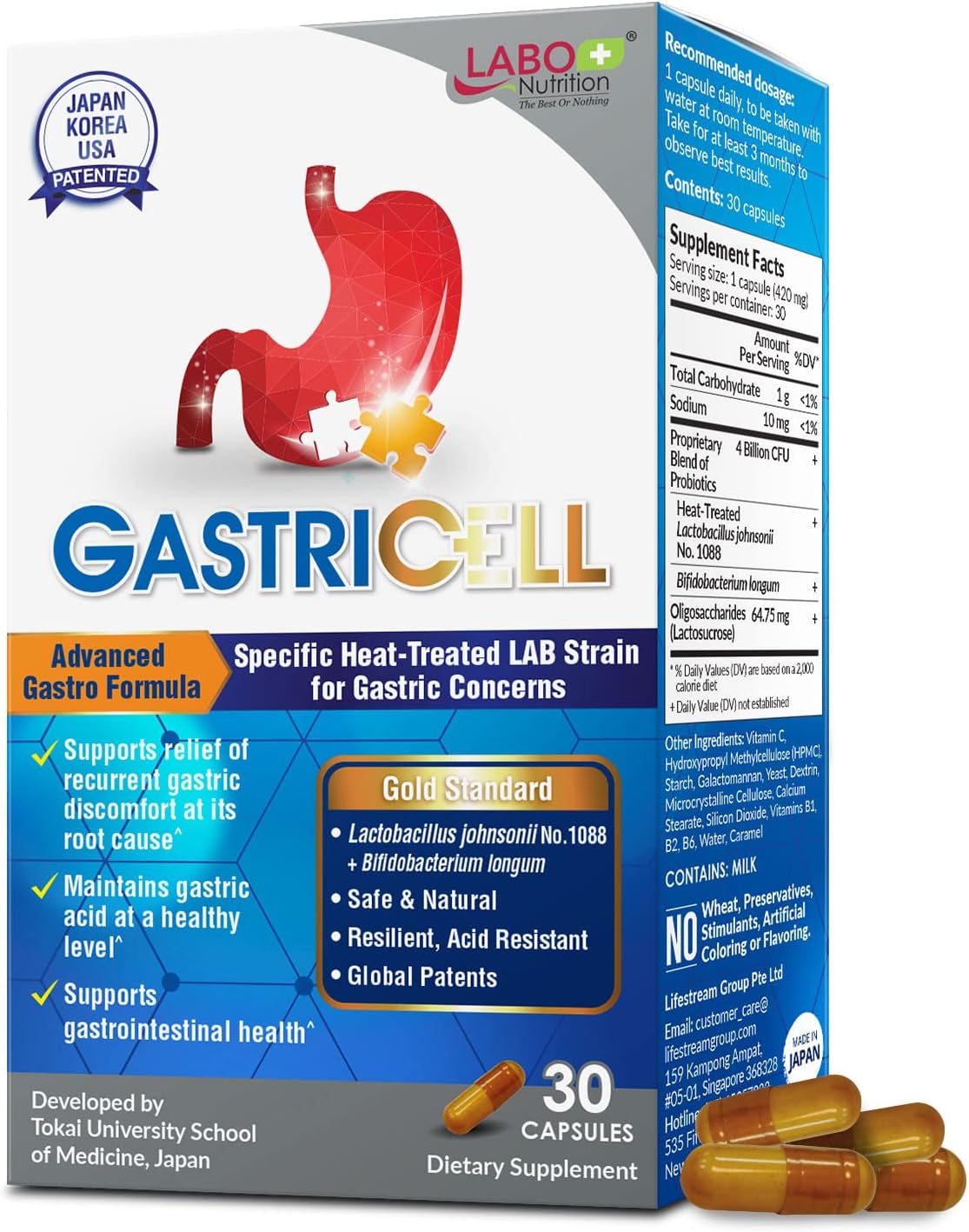 LABO Nutrition GASTRICELL - Eliminate H. Pylori, Relieve Acid Reflux & Heartburn, Regulate Gastric Acid, Natural Treatment, Target The Root Cause of Recurring Gastric Problems, Probiotic