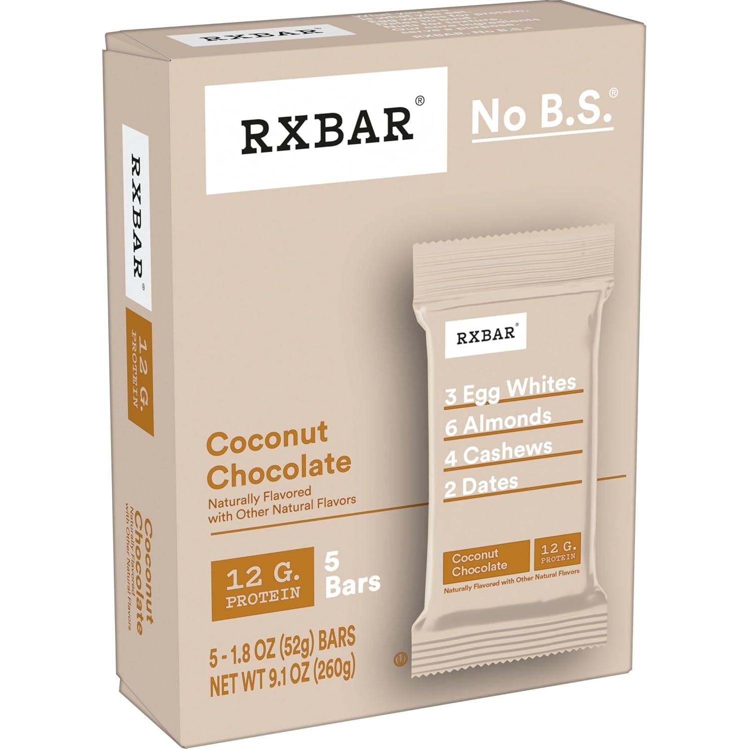 RXBAR Protein Bars, 12g Protein, Gluten Free Snacks, Coconut Chocolate (6 Boxes, 30 Bars)