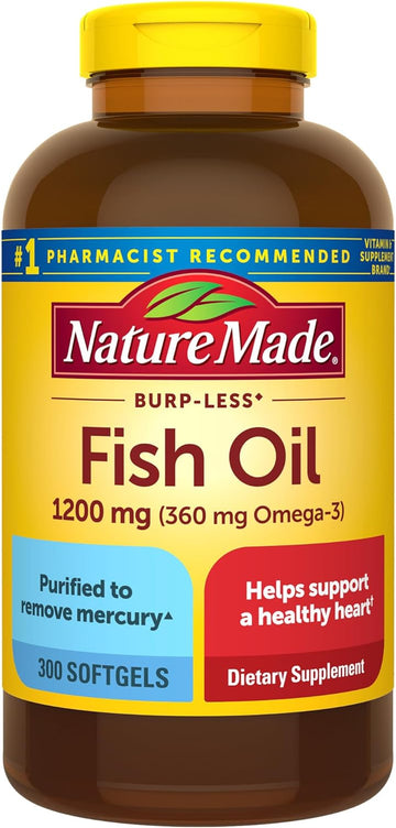 Nature Made Burp Less Fish Oil Omega 3 Supplements, 1200 Mg Softgels, Omega 3 Fish Oil For Healthy Heart Support, 300 Softgels, 150 Day Supply
