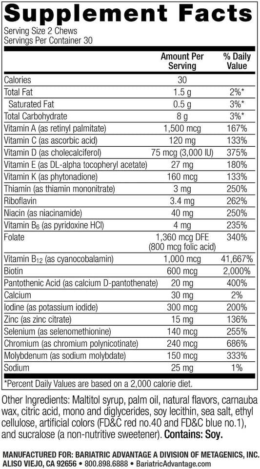 Bariatric Advantage Multi Chewy Bite - Soft Chew Multivitamin For Bariatric Surgery Patients - Chewable Multivitamin With Folic Acid, Vitamin D3 & More - Black Grape Flavor - 60 Count