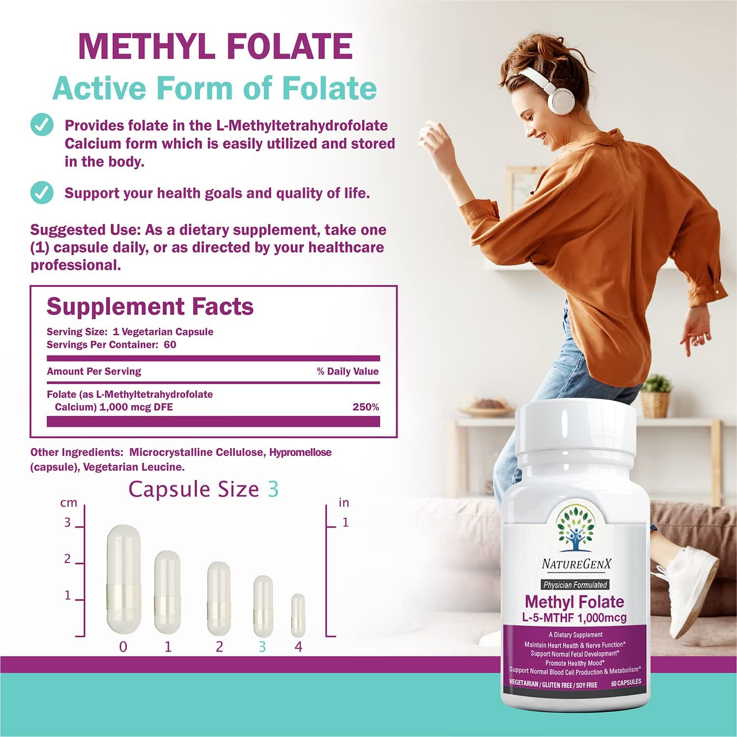 NatureGenX Methylfolate MTHRF Supplement - 1000 mcg Bioactive Vitamin B9 (5-MTHF) - Supports Pregnancy & Fetal Health - 60 Capsules - Gluten-Free : Health & Household