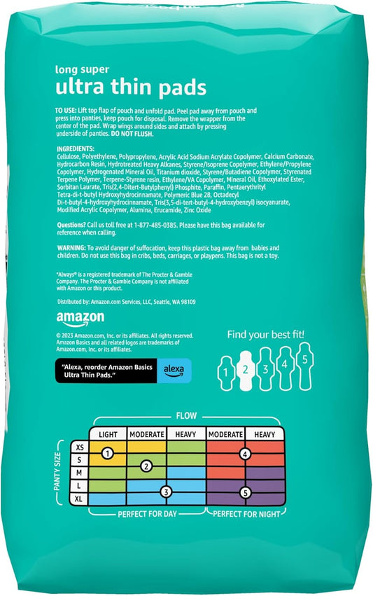 Amazon Basics Menstrual Pads For Women With Flexi-Wings, Long Length, Size 2, Super Absorbency, 32 Count (Pack Of 1)