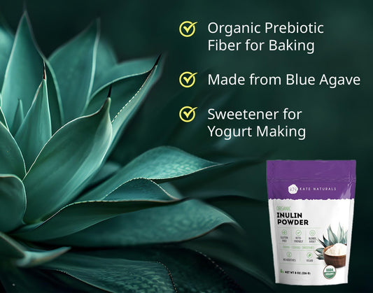 Kate Naturals Inulin Powder Organic From Blue Agave (8Oz) Soluble Prebiotic Fiber For Coffee, Yogurt & Smoothies