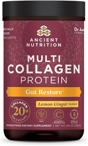 Collagen Powder Protein By Ancient Nutrition, Multi Collagen Protein Gut Restore, Lemon Ginger, Apple Cider Vinegar, Vitamin C, Hydrolyzed Collagen Peptides For Healthy Hair And Nails,8.4 Oz