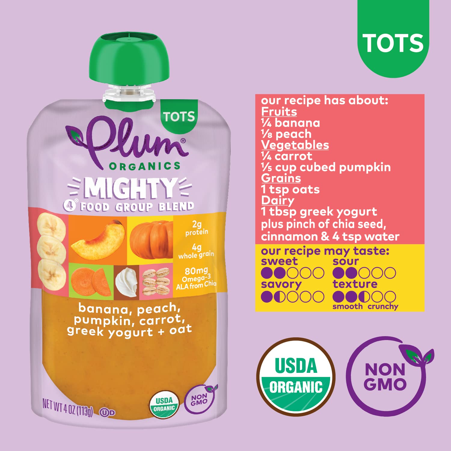 Plum Organics Mighty 4 Organic Toddler Food - Banana, Peach, Pumpkin, Carrot, Greek Yogurt, and Oat - 4 oz Pouch (Pack of 6) - Organic Fruit and Vegetable Toddler Food Pouch : Everything Else