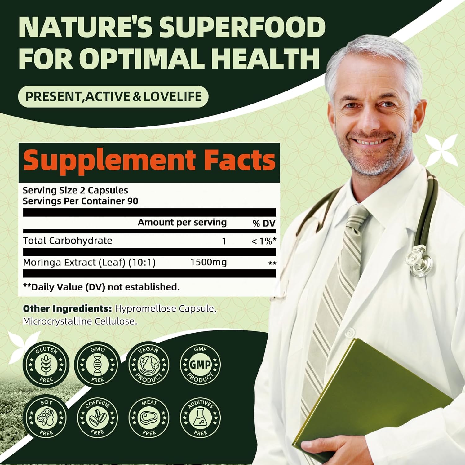 Moringa Pure Capsules, Rich Moringa Powder, A Natural Green Antioxidant Superfood - Supports Energy, Skin Health, Gut Health, With Essential Vitamins & Amino Acids 90Pcs*2 : Health & Household