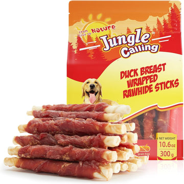 Jungle Calling Dog Treats, Duck Breast Wrapped Rawhide Sticks For Dogs, Grain-Free Natural Chewy Treats Picky Dogs, Puppy Chews Snacks,10.6 Oz