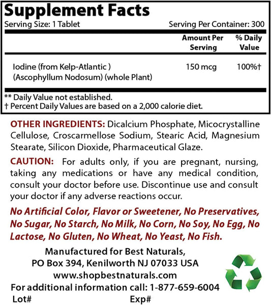 Best Naturals Kelp Supplement 150 Mcg Tablet, 300 Count