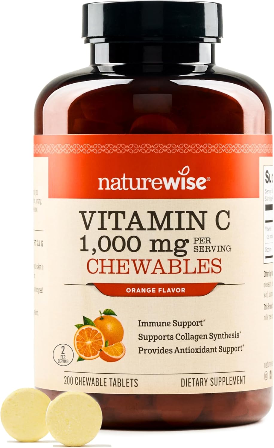 Naturewise Vitamin C 1000Mg Chewable Tablet Supplement - Support For Healthy Immune System & Collagen Synthesis - Vegan, Non-Gmo, Soy & Gluten Free, Orange Flavor - 200 Count[100 Days Supply]