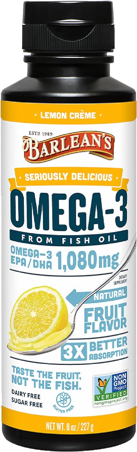 Barlean's Lemon Crème Omega 3 Fish Oil Liquid Supplement, 1080mg of Omega 3 EPA & DHA Fatty Acid, Smoothie Flavored & Burpless for Brain, Joint, & Heart Health, 8 oz