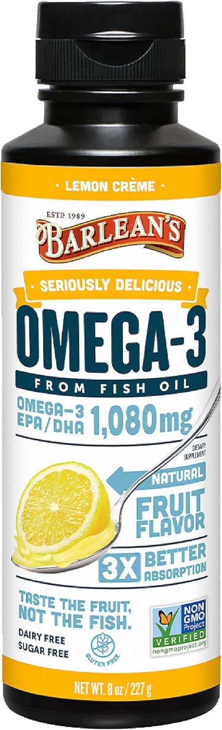 Barlean'S Lemon Crème Omega 3 Fish Oil Liquid Supplement, 1080Mg Of Omega 3 Epa & Dha Fatty Acid, Smoothie Flavored & Burpless For Brain, Joint, & Heart Health, 8 Oz