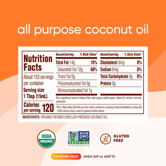 Nutiva Organic Steam-Refined Coconut Oil, 78 Fl Oz, USDA Organic, Non-GMO, Vegan, Keto, Paleo, Neutral Flavor and Aroma for Cooking & Natural Moisturizer for Skin and Hair