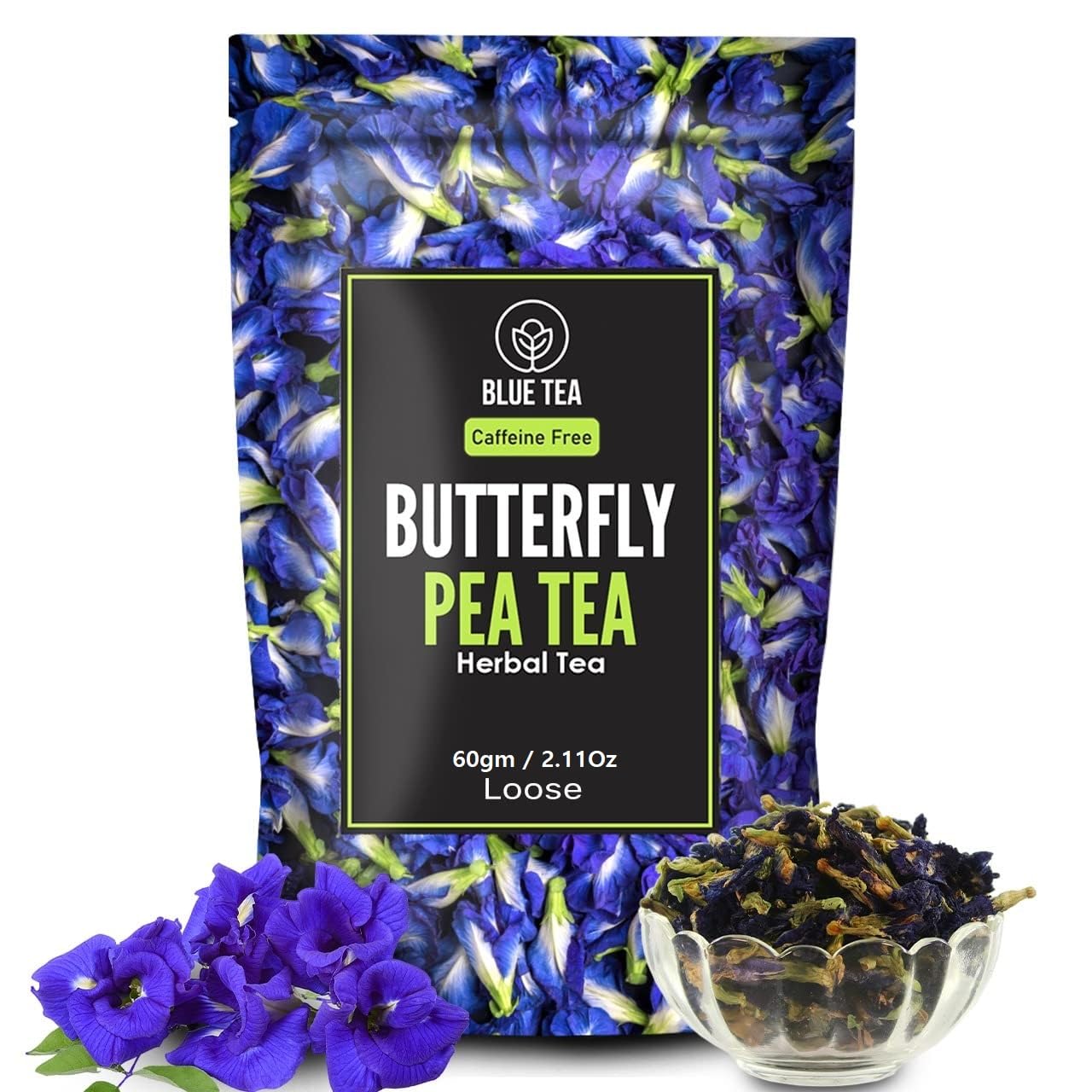 Blue Tea - Butterfly Pea Flower Tea - 2.11 Oz -60 Cups | Super Antioxidants | Chemical Free | Herbal Tea - 100% Natural - Detox Tea - Caffeine Free - Non-Bitter - Vegan - No Preservatives | Zipper Pack