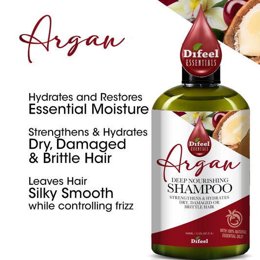 Difeel Essentials Deep Nourishing Argan Shampoo 12 Oz. - Shampoo For Dry, Damaged Or Frizzy Hair, Sulfate Free Shampoo Made With 100% Essential Oil