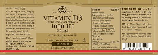 B0028H46V2– Solgar Vitamin D3 (Cholecalciferol) 25 Mcg (1000 Iu) - Helps Maintain Healthy Bones & Teeth - Immune System Support - Non-Gmo, Gluten Free, Dairy Free, Kosher - Unflavored, 180 Count