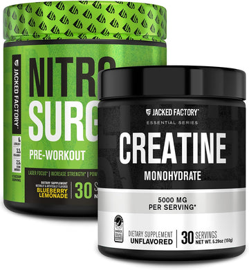 Jacked Factory Nitrosurge Pre Workout Supplement (Blueberry Lemonade, 30 Servings) & Creatine Monohydrate Powder (Unflavored, 30 Servings)