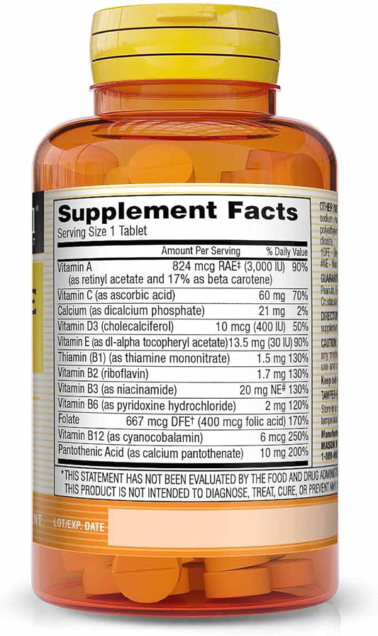 Mason Natural Daily Multiple Vitamins - Vitamins A, C, D3, E, B1, B2, B3, B6, B12, Folate and Calcium for Overall Health, 100 Tablets