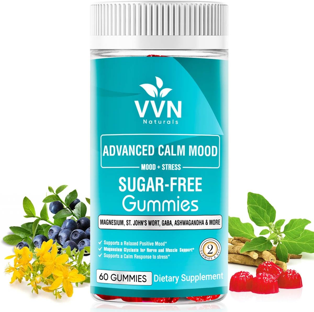 Sugar Free 22 In 1 Calm Mood Gummies St. John'S Wort, 5-Htp, Gaba, Ashwagandha| Magnesium Glycinate Gummies | Non-Gmo, Natural Support Stress & Relaxation, Mood & Energy | Vegan, 60 Ct