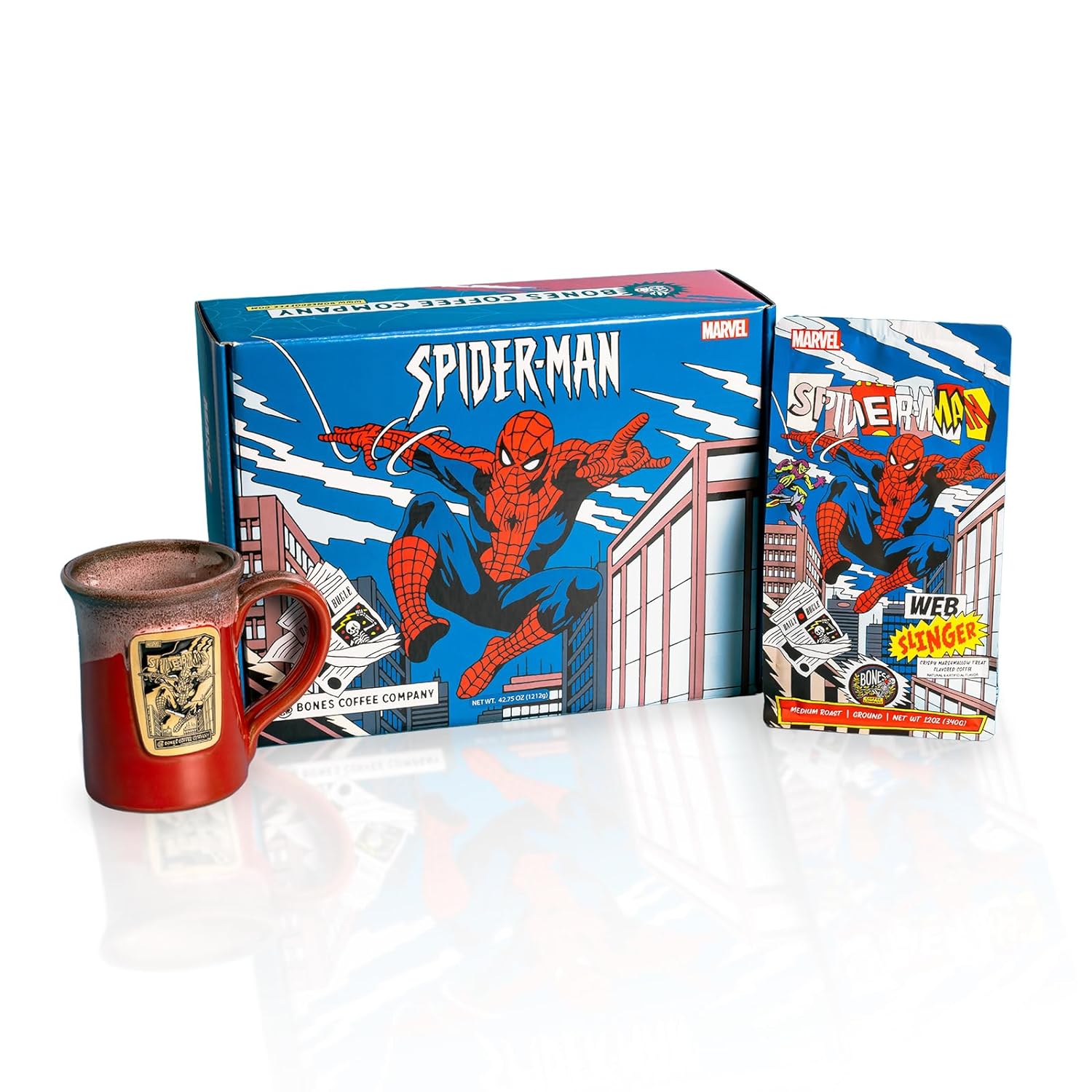 Bones Coffee Company Web Slinger Collector's Box Whole Coffee Beans | 12 oz Crispy Marshmallow Flavor with Handthrown Mug Inspired by Disney's Spiderman (Whole Bean)