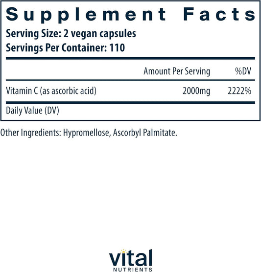 Vital Nutrients Vitamin C 1000Mg (100% Pure Ascorbic Acid) | Vegan Antioxidant Supplement For Immune Support And Iron Absorption* | Gluten, Dairy And Soy Free | Non-Gmo | 220 Capsules