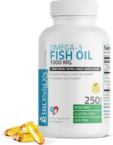 Bronson Omega-3 Fish Oil 1000 MG, Joint & Brain Health - Heavy Metal Tested Non GMO, 250 Softgels