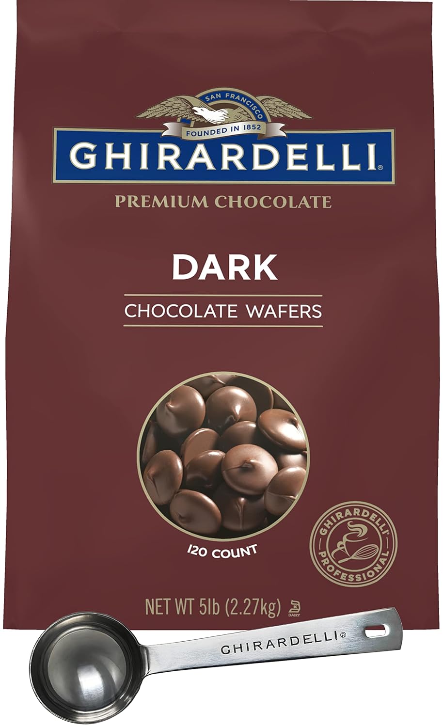 Ghirardelli Dark Chocolate Wafers, 120 count per lb, 5lb Bag with Ghirardelli Stamped Barista Spoon