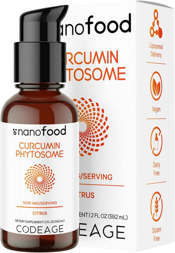 Codeage Liposomal Curcumin Phytosome Liquid Supplement, Turmeric Curcumin Vegan Liquid Drops, Plant-Based Curcuma Longa Dropper, Curcumina, Sunflower Phospholipid, Sugar-Free, Citrus Flavor, 2 Fl Oz