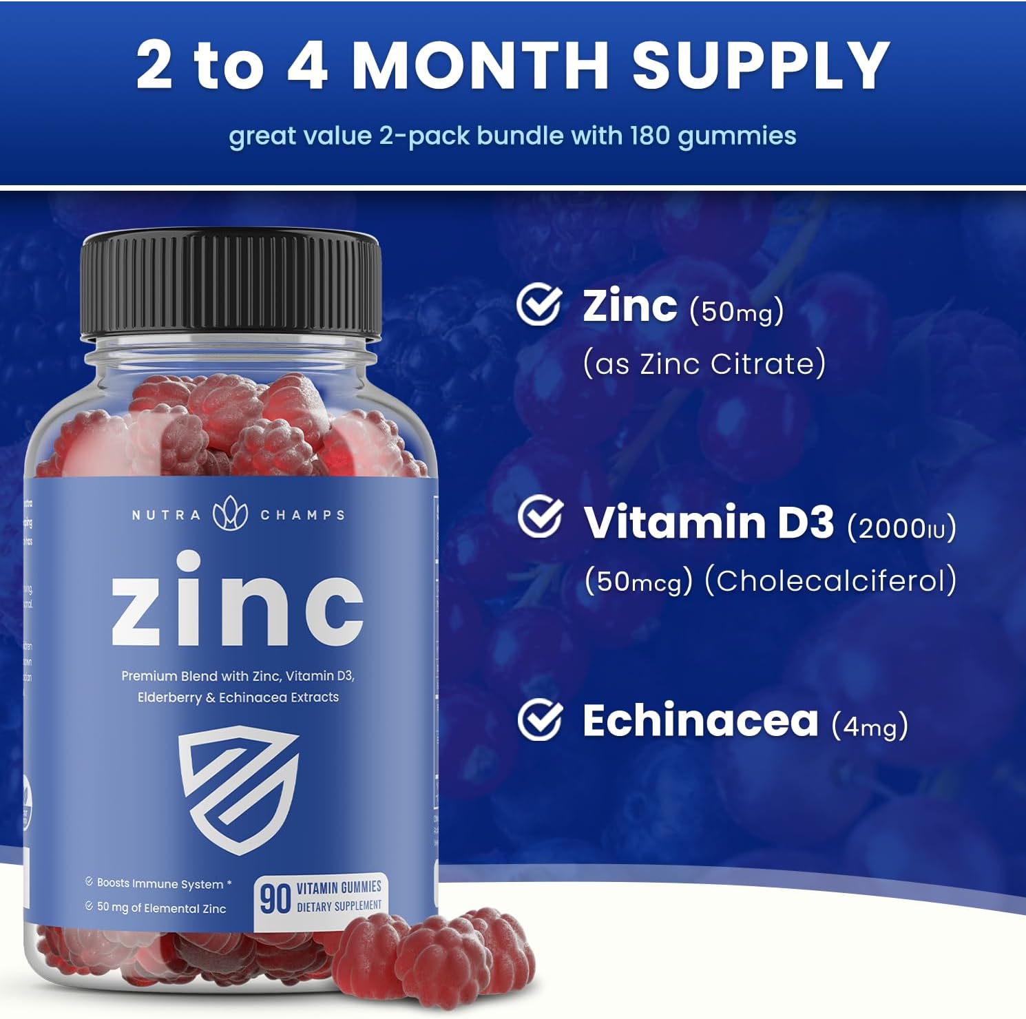 Zinc Gummies | 4-in-1 Zinc Gummies Adult | Zinc Chewable 50mg | Chewab