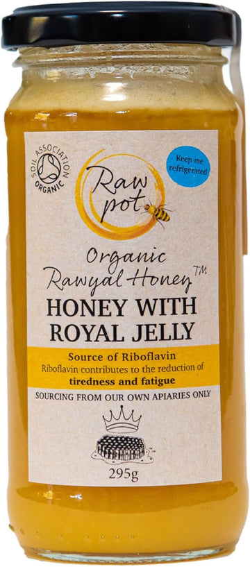 RAW POT - ORGANIC RAWYAL HONEY – ORGANIC RAW HONEY WITH ROYAL JELLY - Natural Pure Unpasteurised Honey for Immunity, Brain, Digestion, Energy Support, Skin Care | For Kids & Adults (295g)