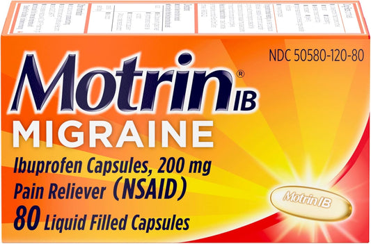 Motrin Ib Migraine Relief Liquid Gel Capsules With 200 Mg Ibuprofen Per Capsule, Fast & Effective Migraine Headache Medicine With Nsaid Pain Reliever Ibuprofen, Caffeine-Free, 80 Ct