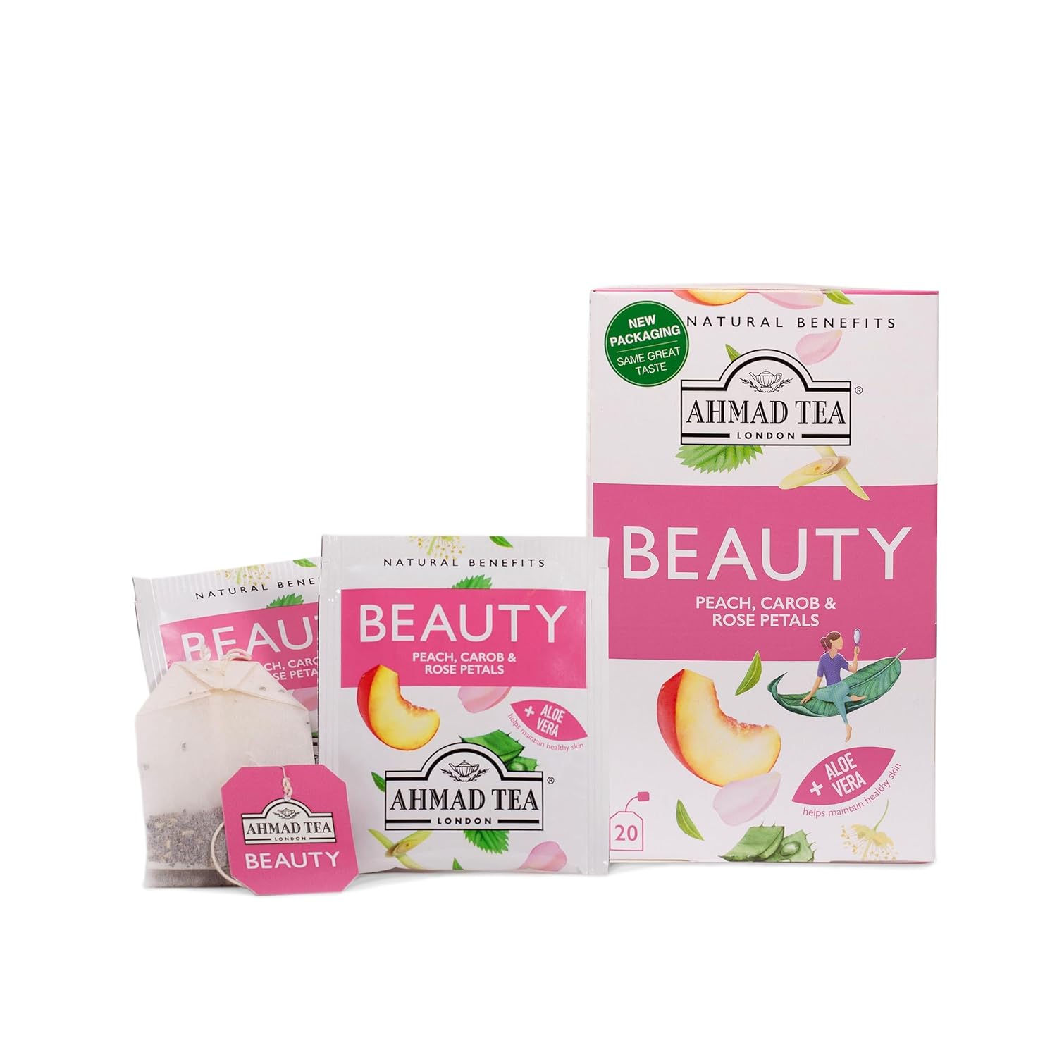 Ahmad Tea Herbal Tea, Peach, Carob, And Rose Petals 'Beauty' Natural Benefits Teabags, 20 Ct (Pack Of 6) - Decaffeinated & Sugar-Free