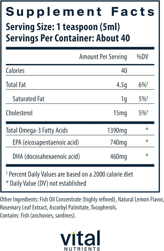 Vital Nutrients - Ultra Pure Fish Oil 1400 (Pharmaceutical Grade) - Deep Sea Liquid Fish Oil, Cardiovascular Support, Natural Lemon Flavor - 200 Ml Per Bottle