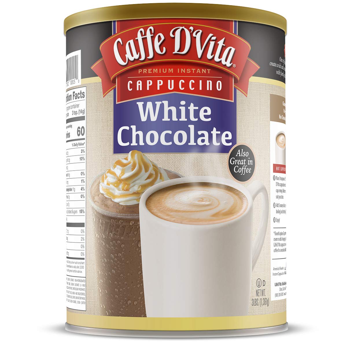 Caffe D’Vita White Chocolate Cappuccino Mix - White Chocolate Powder, Gluten Free, No Cholesterol, No Hydrogenated Oils, No Trans Fat, 99% Caffeine Free, Instant Cappuccino Mix - 3 Lb Can