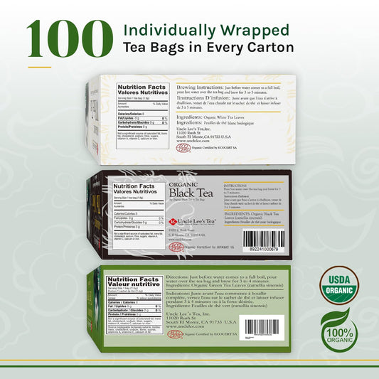 Uncle Lee'S Organic White, Black, And Green Tea Variety 3-Pack – Premium Organic Tea, Smooth, Bold, And Refreshing, Delicious Hot Or Iced, 100 Count Ea