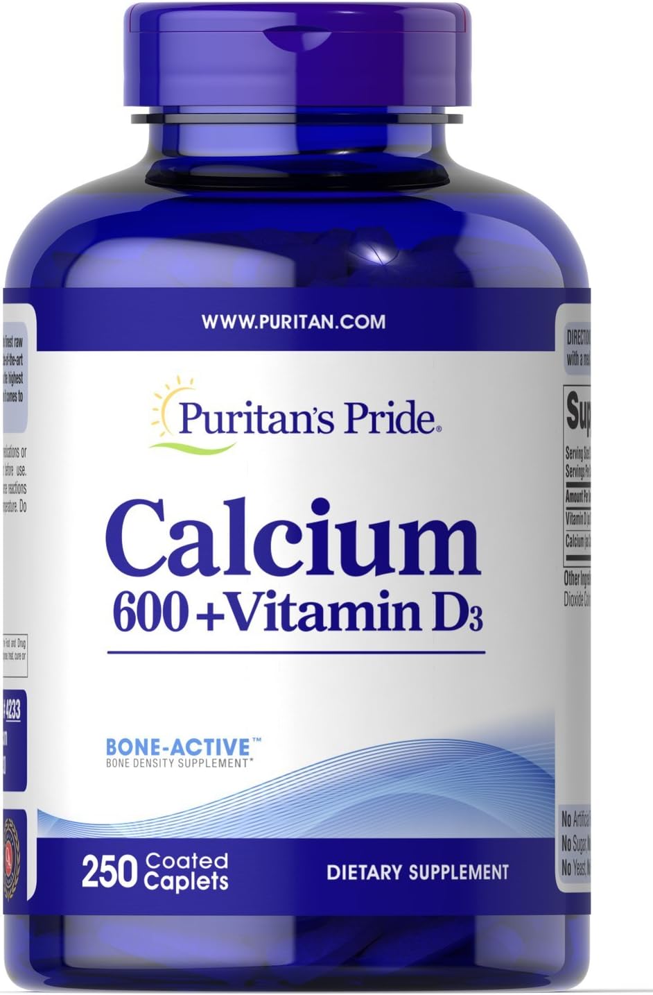 Puritan's Pride Calcium Carbonate 600 mg + Vitamin D 3.125 mcg (125 IU), Supports Bone Health, 250 Count (No Model)