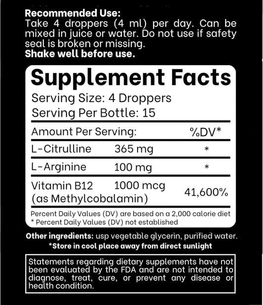 L-Arginine + L-Citrulline Liquid Drops With Vitamin B12 – Citrus Berry Flavor, 2 Fl Oz (60 Ml) - Fast Absorption, Easy-To-Use
