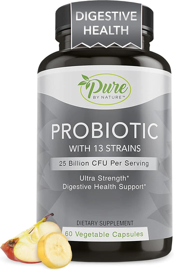Pure By Nature Probiotics For Women & Men, 13 Strains With 25 Billion Cfu, Probiotics For Digestive Health, Gut Health, Immune Support, Bloating & Constipation, Vegan & Shelf-Stable, 60 Capsules