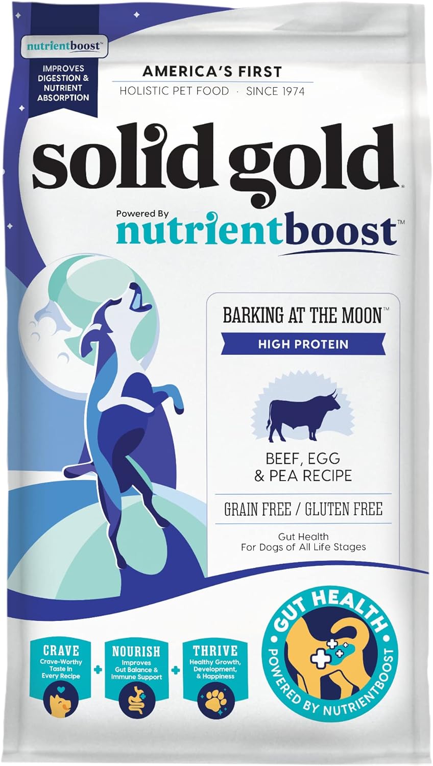 Solid Gold Dry Dog Food w/Nutrientboost for Adult & Senior Dogs - Made with Real Beef, Egg, and Pea - Barking at The Moon High Protein Dog Food for Energy, Digestive and Immune Support - 11 LB Bag