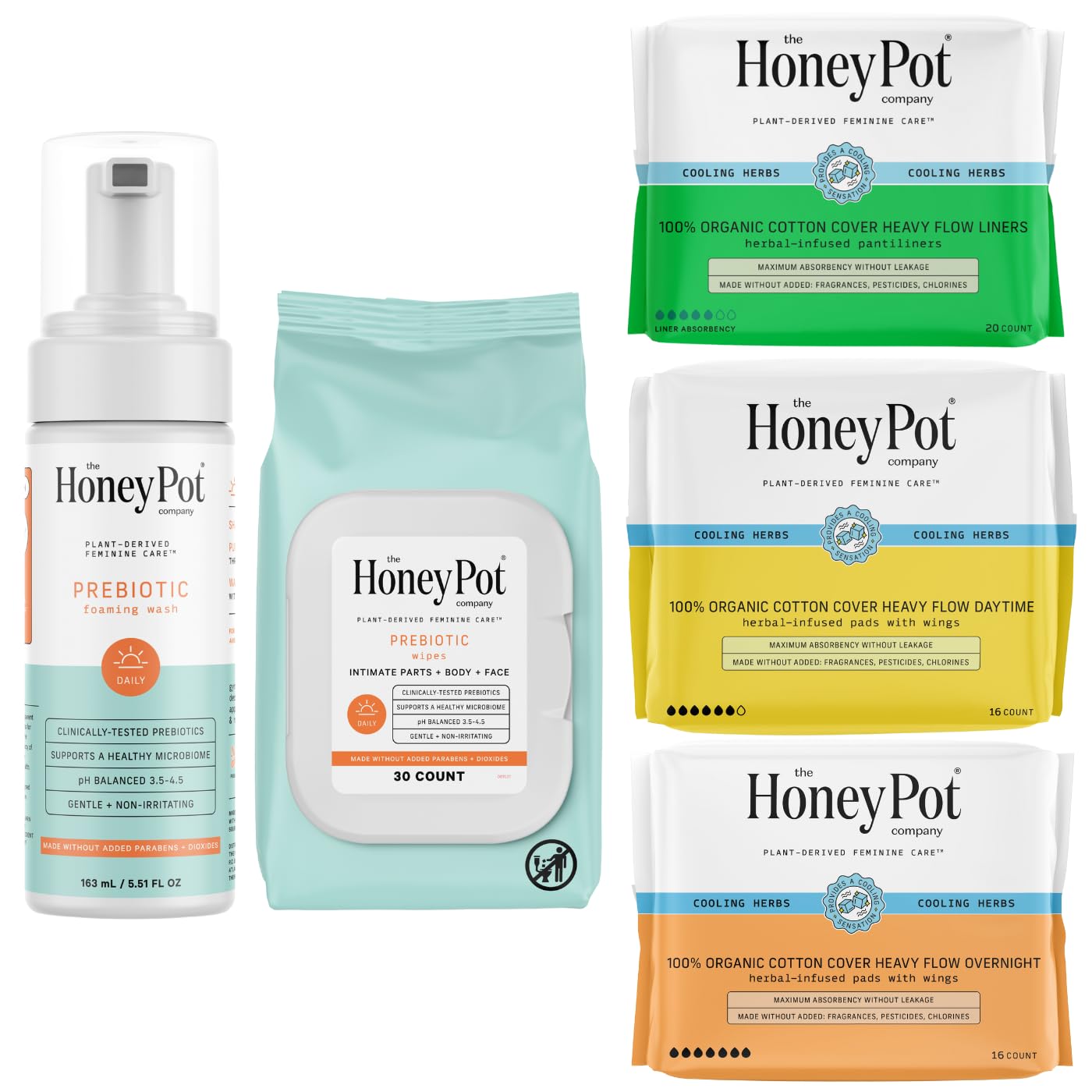 The Honey Pot Company - Prebiotic Feminine Wash, Wipes, & Heavy Flow Bundle - Herbal Infused Feminine Hygiene Products - Sanitary Pads For Women - Feminine Care - Fsa & Hsa Eligible