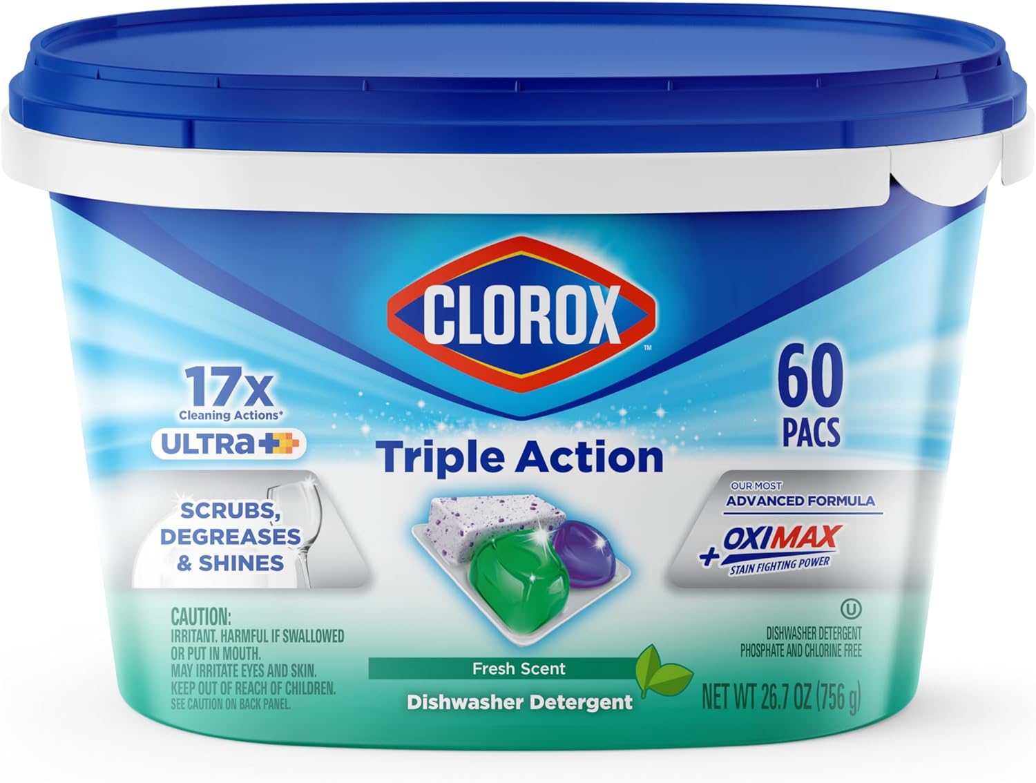 Clorox Triple Action + Ultra Dishwasher Detergent Pacs, 60 Count Dishwashing Pacs, Fresh Scent