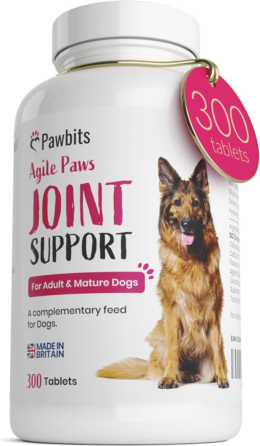 Pawbits 300 Adult Senior Dog Hip & Joint Supplements for Older Mature Dogs. High Strength Green Lipped Mussel Supplement for Elderly Dogs with Stiff Joints - Glucosamine, Vitamin C & E