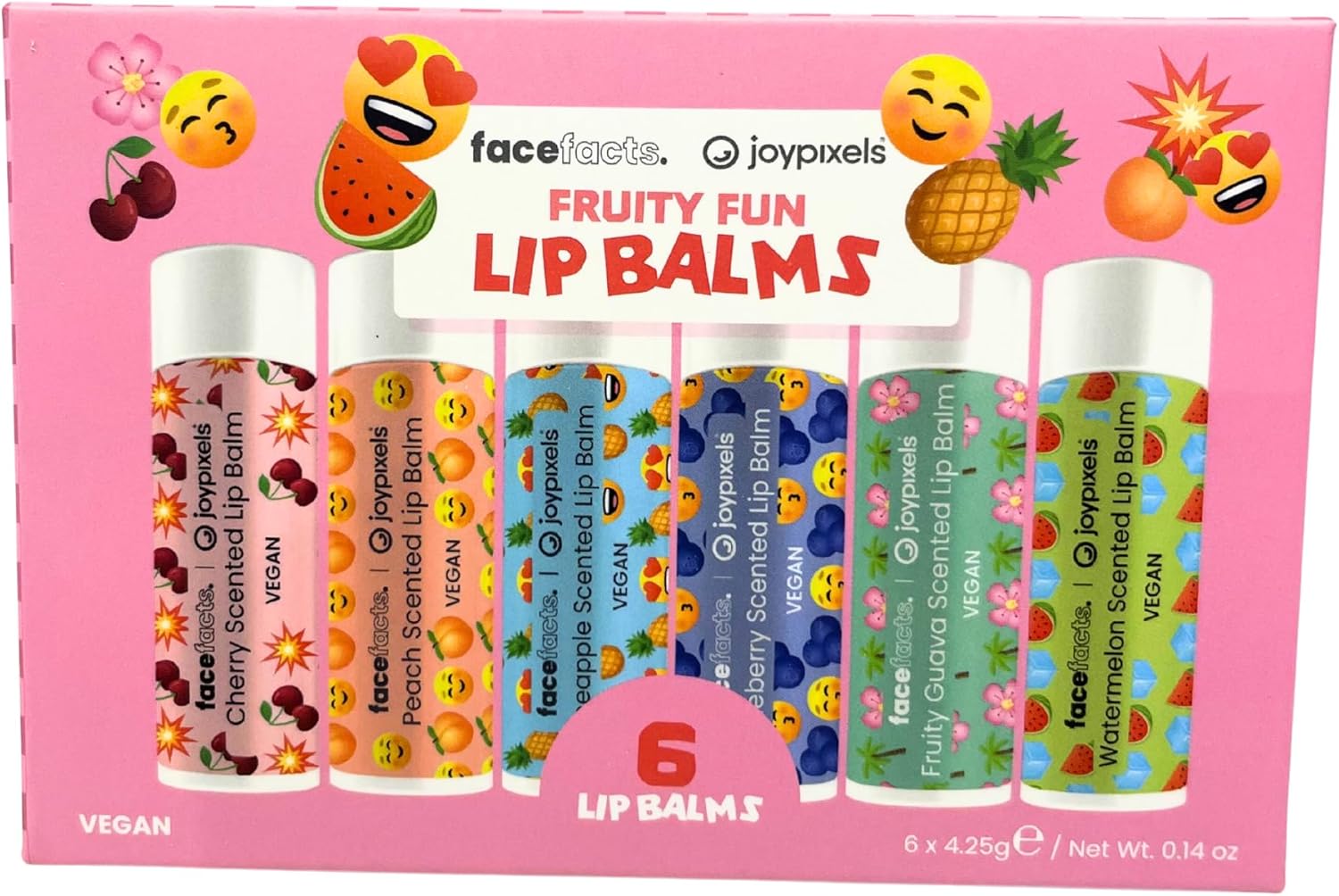 Face Facts X Joypixels Fruity Fun Lip Balm Set – 6-Pack Vegan Lip Balms In Cherry, Peach, Pineapple, Blueberry, Guava & Watermelon – Emoji Gift Set For Teens & Girls – Hydrating Lip Care