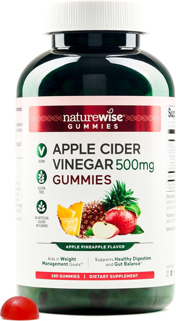 Naturewise Apple Cider Vinegar Gummies - 1000Mg Acv Per 2 + Vitamin B12 - Pectin Based Vegan, Gluten-Free, Non-Gmo - 180 Count[90-Day Supply For 1000Mg Or 6-Month Supply For 500Mg]